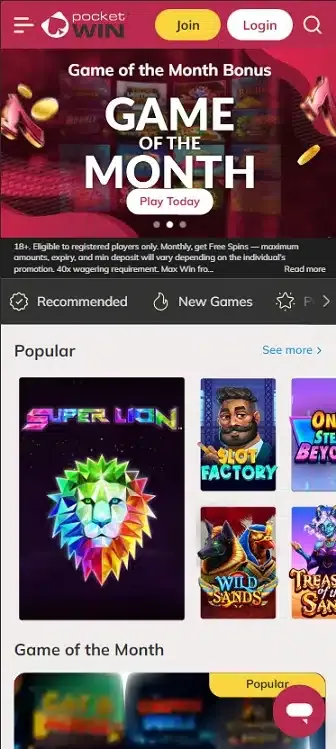 Pocket Win Casino Mobile screenshot